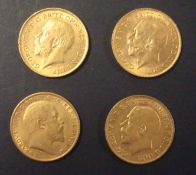 Four half gold sovereigns 1908, 1911, 1912 and 1914