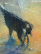 RICHARD LANNOWE HALL unframed painting `Dog With Stick On Beach`, 48cm x 39cm