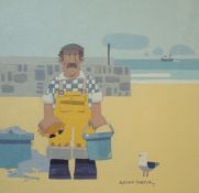 SASHA HARDING acrylic on canvas `Fishermen On The Beach`, 30cm x 30cm, with englazed cabinet frame