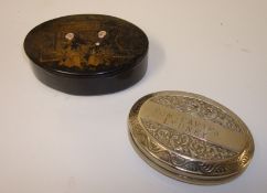 19th century Chinese lacquered snuff box, together with a white metal oval snuff box inscribed `Tom,