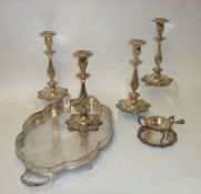 Set of four 19th century silver plated candlesticks, electroplated and engraved twin handled serving