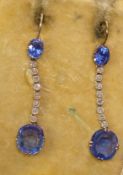 A fine pair of antique sapphire and diamond pendant earrings set in white gold, approx 35mm long