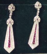 18ct ruby and diamond drop earrings, approx 45mm long