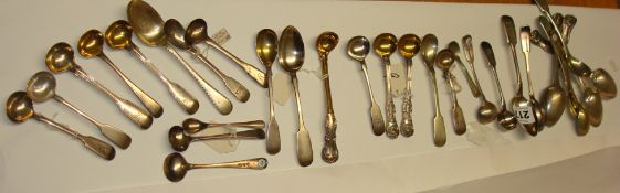 Collection of various Georgian and later mustard spoons,  silver and plated, approx 8oz