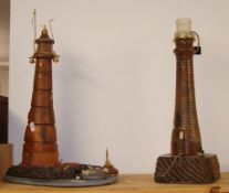 Two wood ornamental lighthouses, 45cm the tallest