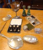 Two silver cigarette cases, pair of silver small pots, sundry lighters including Ronson Light,