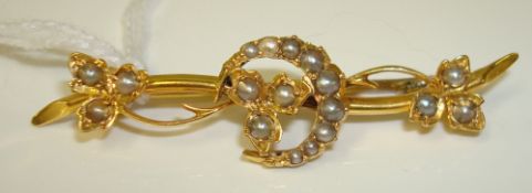 Antique yellow gold seed pearl brooch, 45mm long stamped `15`