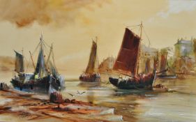 TERRY BURKE Oil on canvas `Fishing Boats Near A Harbour`, signed, 50cm x 75cm in a gilt frame,
