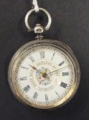 Silver fob watch, the dial inscribed `Many happy returns of the day` with floral decoration