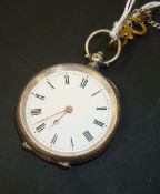 Silver open face pocket watch with Deco style engraved back plate, stamped .935 EJ, with Roman