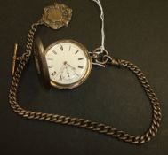 Silver half hunter pocket watch, key wind movement, sub second dial, roman numerals and enamelled