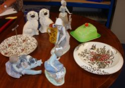 Various chinaware`s including three Nao figures, a Lladro figure, pair Staffordshire dogs, Beswick