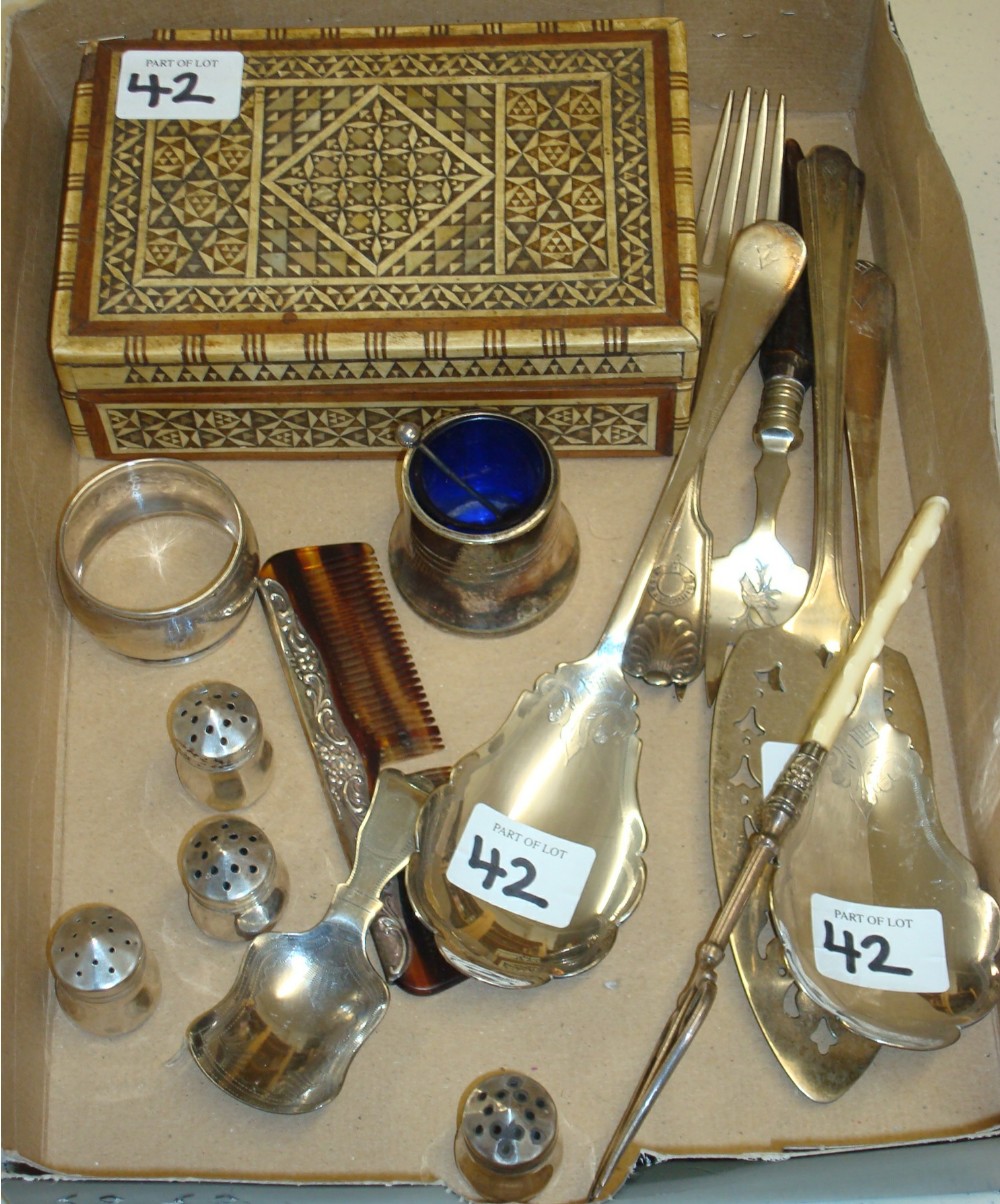 Various small silver wares, micro inlaid 20th century box, pair of servers etc