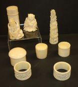 Various ivory and other carvings including Chinese figures, boxes, napkin rings and tower (9)