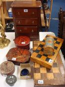 Mahogany four drawer miniature chest, 39cn high, various lacquer boxes, two games inlaid wood boxes