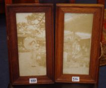 Pre-war Japanese photographs in oak frames, 27cm x 11cm
