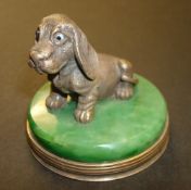 Silver Russian dog figure on green stone base, 5cm high