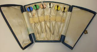 Set of six enamel and silver Art Deco cocktail sticks in original fitted case