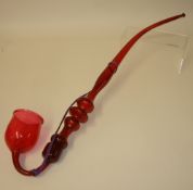 Antique Cranberry glass long handled pipe, approx 75cm long