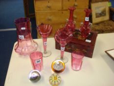 Pair of Victorian cranberry glass Jack In The Pulpit vases, other cranberry wares, also a