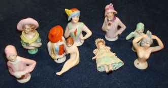 Collection of porcelain pin cushion dolls, Art Deco design (8)