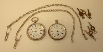 Two silver open face pocket watches including F.F.Paxman of Tewkesbury t/w two silver guard chains