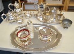 Four piece silver plated tea service of hexagonal form with engraved decoration, a four piece