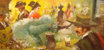 F. DRESSEN large 20th century oil on canvas `Mexican bar scene`, signed, 59cm x 120cm