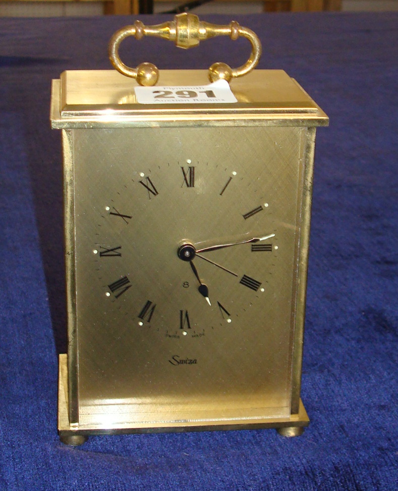 Brass cased Swiss carriage clock by Swiza with 8 day movement and alarm mechanism, 14cm