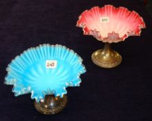 Two satin glass comport with crimped edge design, on EP bases one marked `WMF`, 16cm high