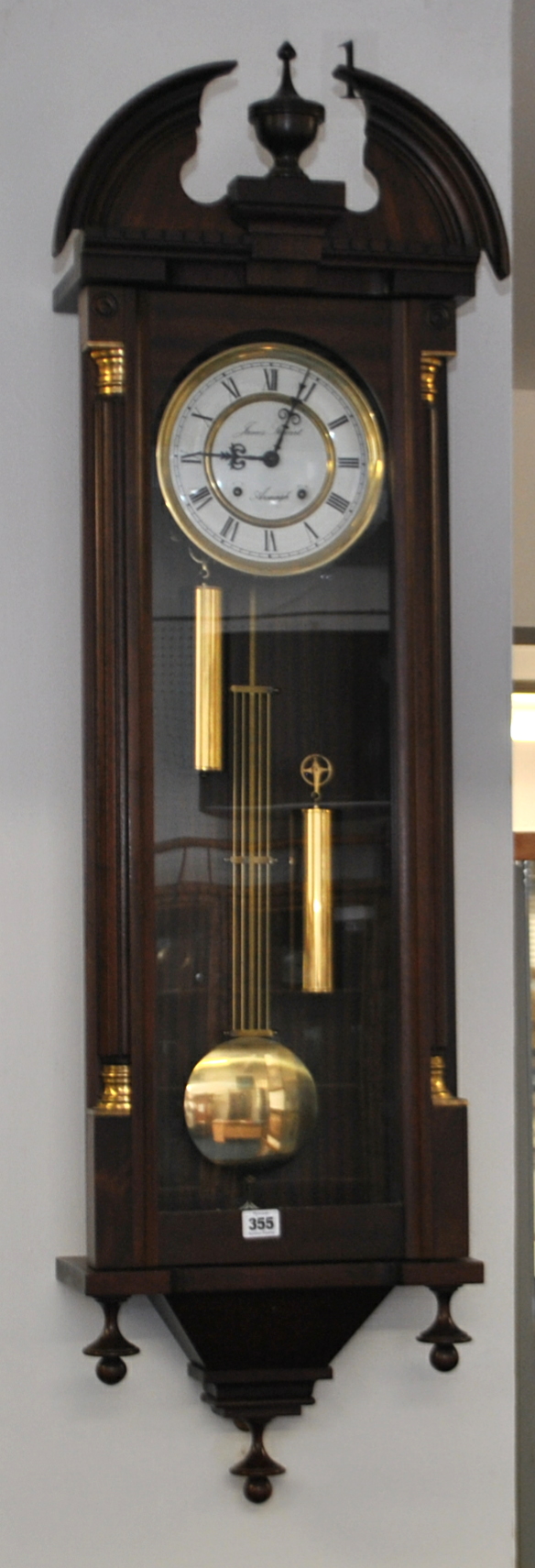 Reproduction Vienna mahogany cased two train wall clock, the dial inscribed `James Stewart, Armagh`,