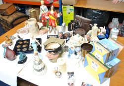 Two pub figures, ceramic Drambuie figure etc, miner`s lamp, Bakelite tobacco jar, binoculars, sundry
