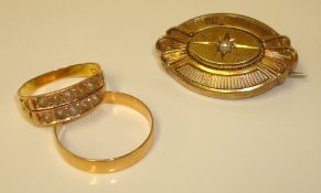 A 15ct gold ring set with seed pearl, size L, a wedding band, size R, yellow metal brooch (3)