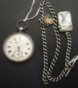 Silver pocket watch with sub second dial, guard chain and vesta