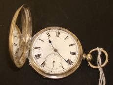 Silver full hunter pocket watch with key movement and sub second dial