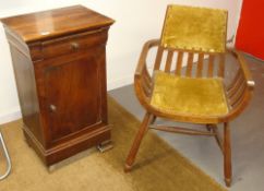An arts and crafts shaker style elbow chairs, a mahogany bedside cabinet and a carved walnut back