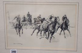 MABEL AUGUSTA KINGWELL (1890-1924) `Horseracing Scene` engraving 1920, 20cm x 30cm