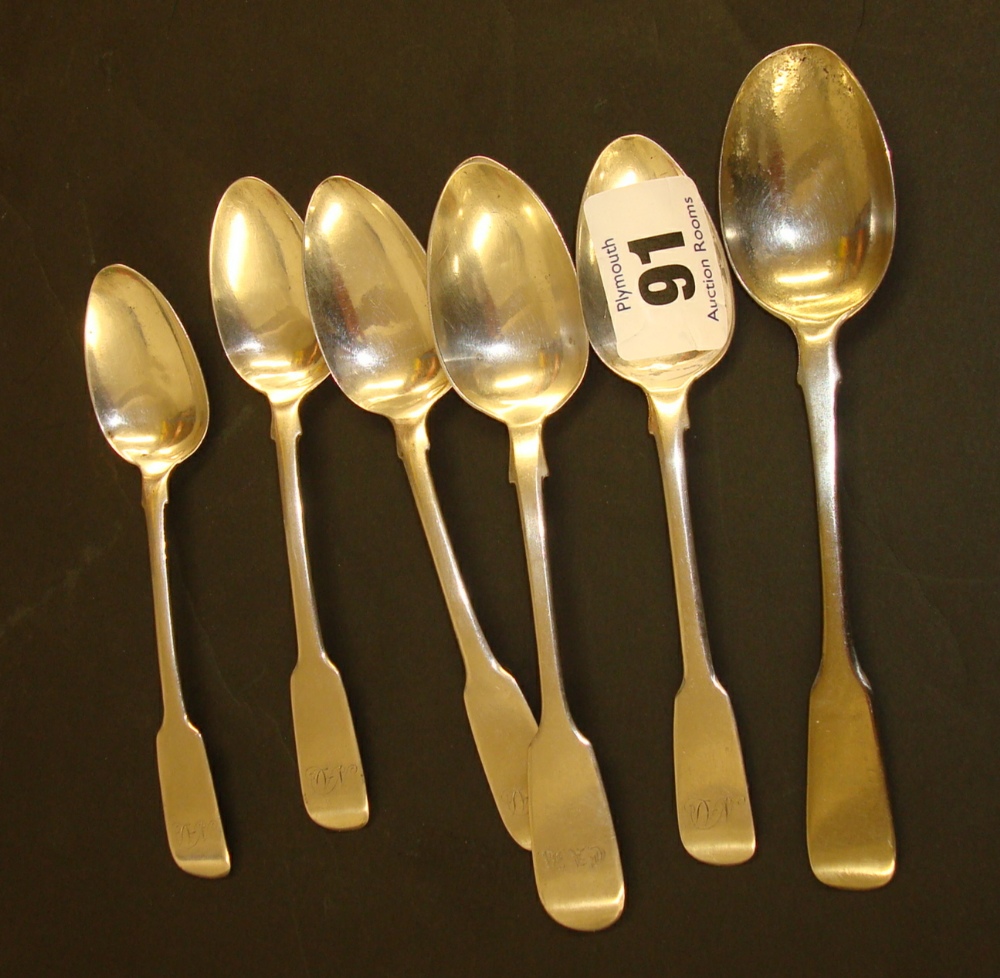 Four Georgian provincial fiddle back silver teaspoons, Simon Harris Exeter 1814 and one other silver