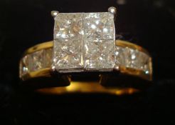 14ct diamond cluster ring set with princess cut diamonds, approx 2.21 carats, ring size M