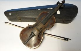 Traditional violin and bow in wood case (violin 60cm long, bow 73cm)