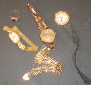 Two 9ct gold wrist watches, yellow metal watch, 9ct gold gate bracelet and ring (gross weight 58g)