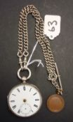 Silver open faced pocket watch and silver guard chain (as found)