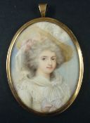 19th century portrait miniature of a lady in fashionable dress with hat, in silver hallmarked gilt