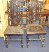 Pair dark oak Victorian carved side chairs