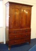 Victorian mahogany linen cupboard with moulded cornice, double door with arch panels, two short