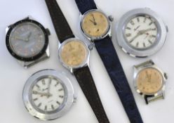 Six vintage wrist watches including Mondaine and Lucerne