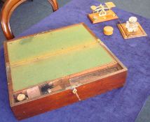 A mahogany writing slope, 48cm wide t/w inkstand, scales and pin box