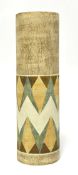 Troika pottery cylindrical vase signed LJ (Louise Jinks) on a brown ground, 38cm