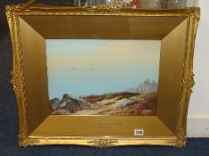 John Shapland watercolour `The Long Ships Lighthouse, off Lands End`, 25cm x 36cm in gilt frame