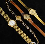 Ladies 9ct gold wristwatch Marvin Avenue with 9ct gold bracelet together with three other ladies